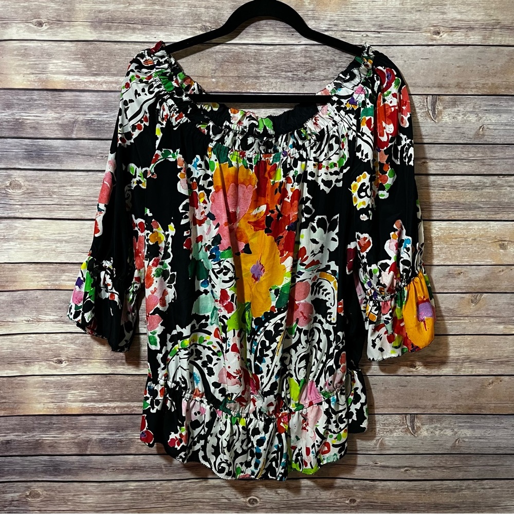 Ralph Lauren Silk On/Off Shoulder Blouse Black Paisley Size Large B3